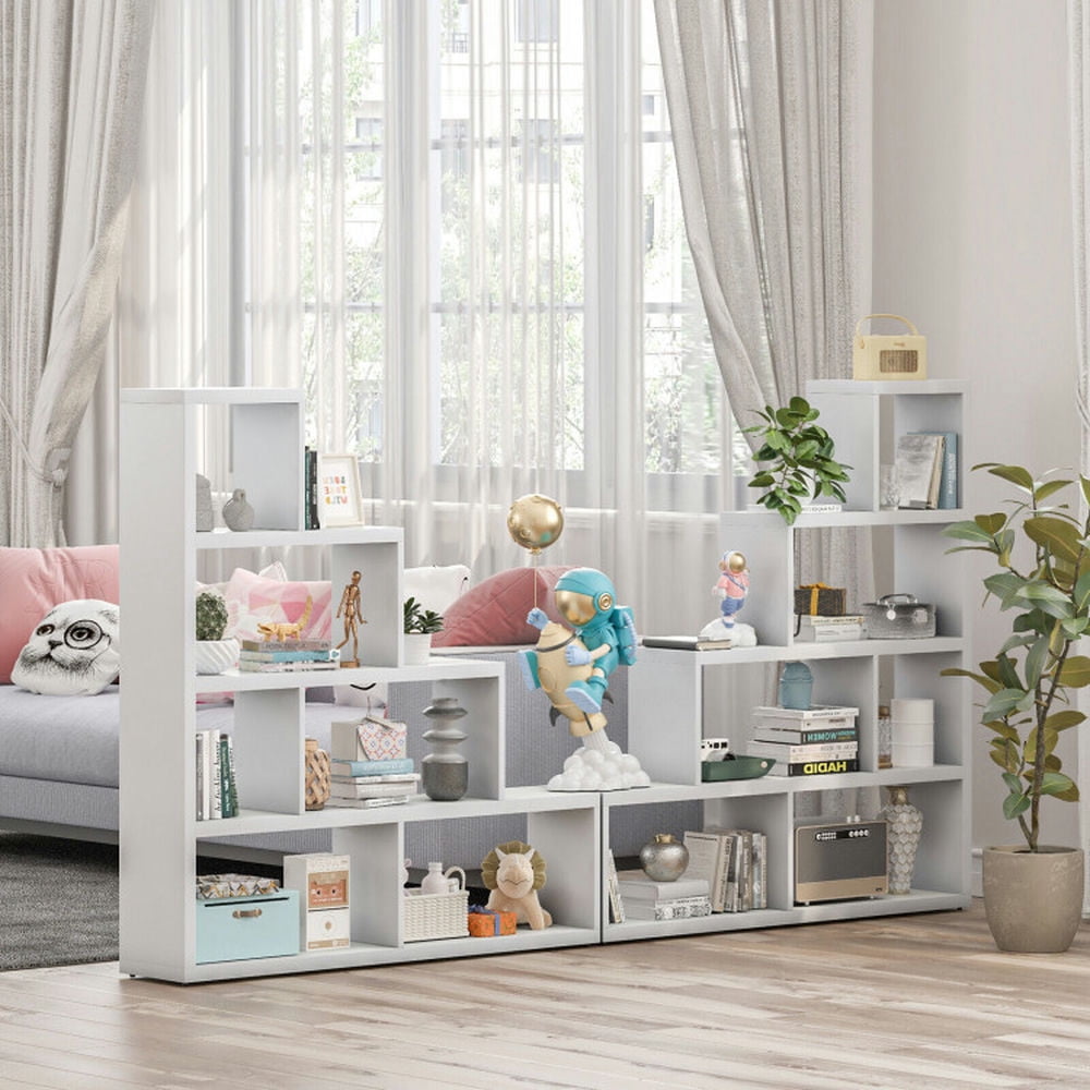Spaco 6 Cubes Ladder Shelf Corner Bookshelf Storage Bookcase-White, Tall Bookshelf, Shelves for Living Room, Home Office, Bedroom, Balcony