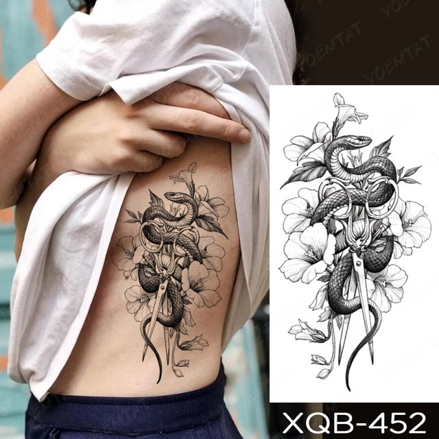 Impermeable Temporal Tatuaje Pegatina Dragón Negro Serpiente Peonía Rosa Totem Flash Tatto Mujeres Hombres Oscuro Sexy Cintura Brazo Tatuajes Falsos Gao Jiahui unisex
