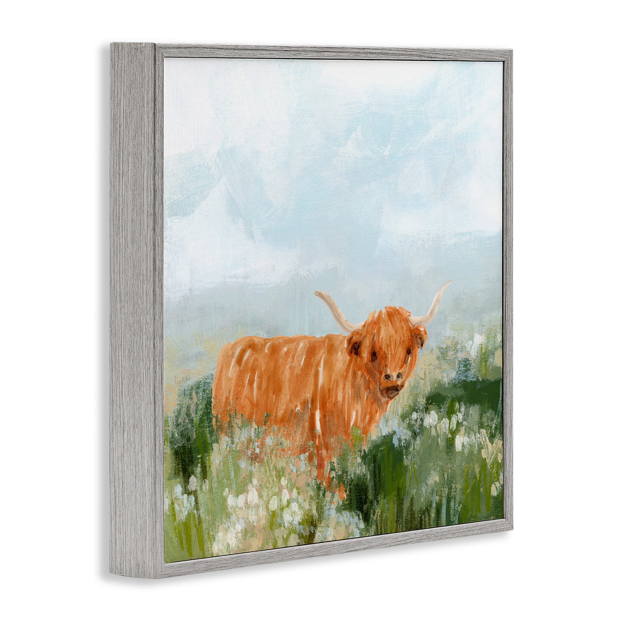 Stupell Industries Longhorn Cattle Country Field Animals & Insects Painting Gray Framed Art Print Wall Art, 12 x 12