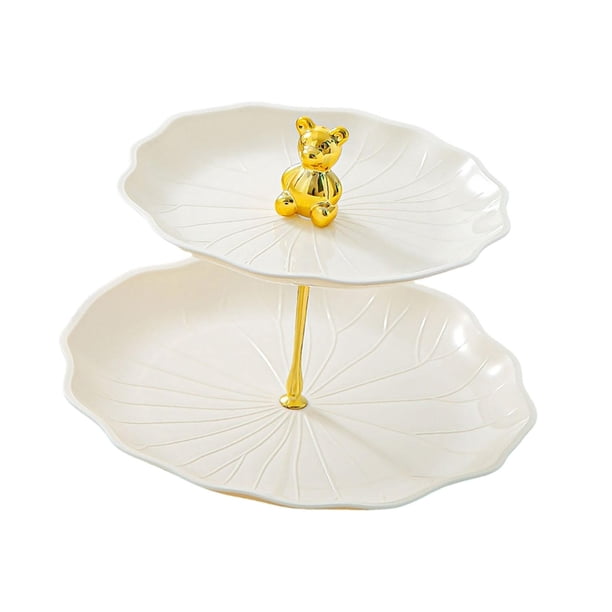 Soporte para cupcakes y postres, soporte para pasteles, centro de mesa, elegante soporte para cupcakes de 2 niveles Beige con oso dorado