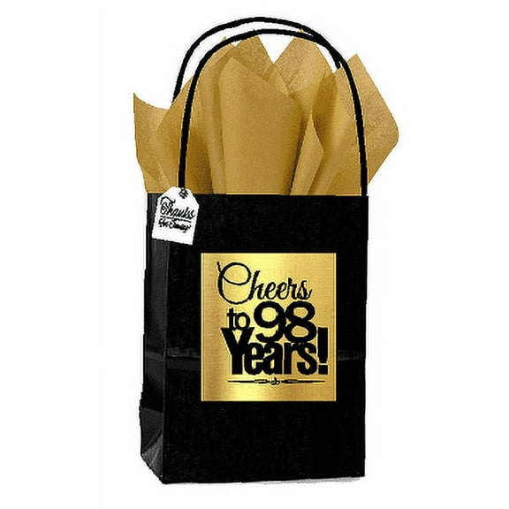 Black & Gold 98th Birthday / Anniversary Cheers Themed Small Party Favor Gift Bags with Tags -12pack