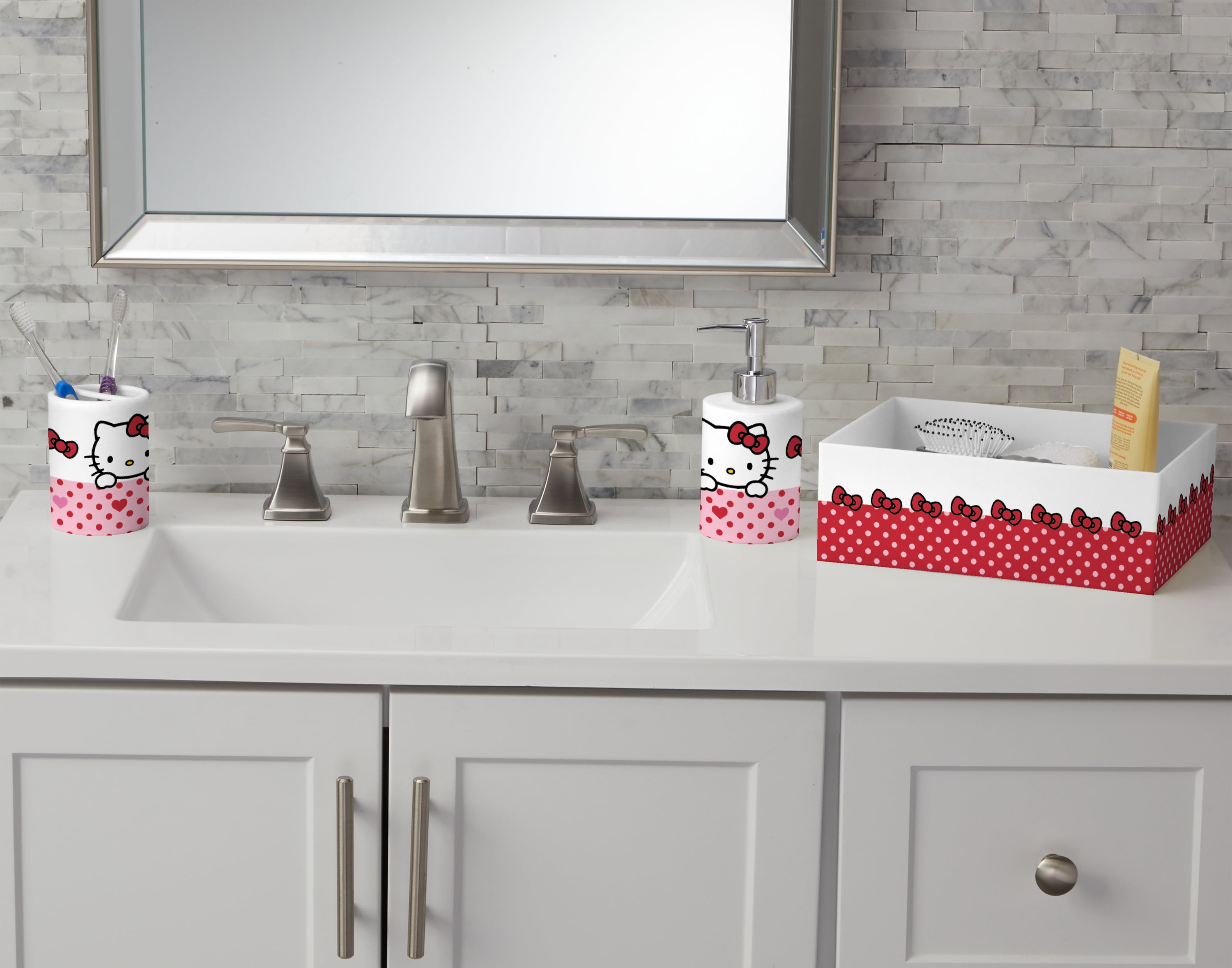 Hello Kitty 3-Piece Bathroom Accessory Set, Toothbrush Holder, Soap Pump, Storage Bin