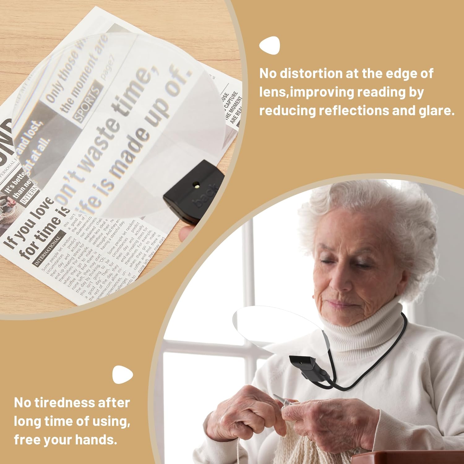 3-in-1 Hands-Free Magnifying Glass, Neck Wearable & Handheld Magnifier for Reading, Sewing, Cross-Stitch & Crafts, Rechargeable HD Lens Visual Aid with Type-C Charging, Gift for Seniors(RL Gray 1 PC)