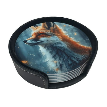 

The fox in the forest scene Print Coaster Round Leather Coasters with Storage Box for Wine Mugs Cold Drinks and Cups Tabletop