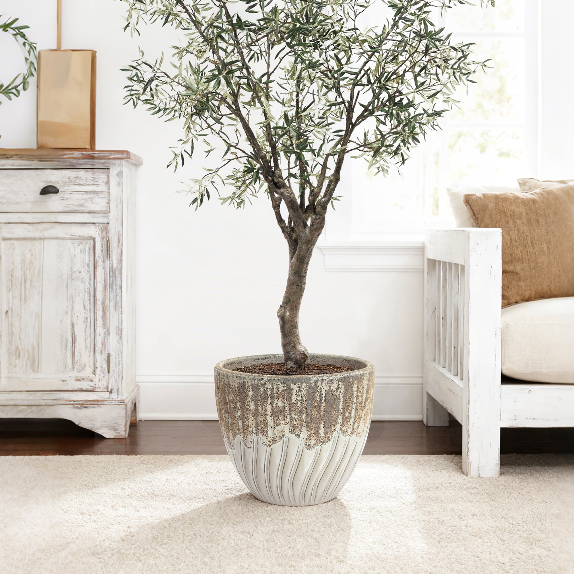 LuxenHome 14" Dia Two Tone Ivory Large Round Plant Pots, Modern Indoor Outdoor Ceramic Planter for Living Room, Garden, Patio