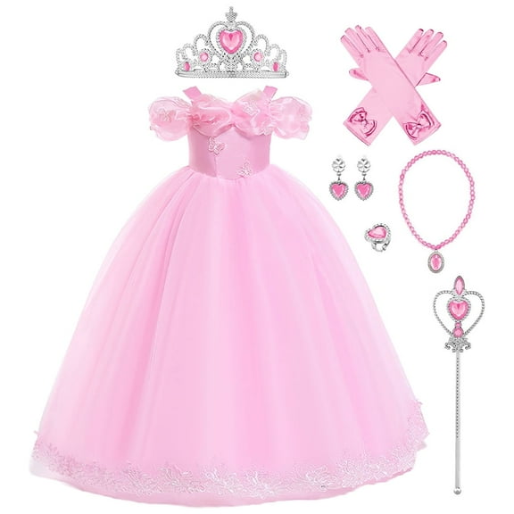 IBTOM CASTLE Kids Girl Cinderella Costume Princess Fancy Dress Up Butterfly Off Shoulder Long Dress with Accessories Halloween Christmas Carnival Cosplay Party Outfit