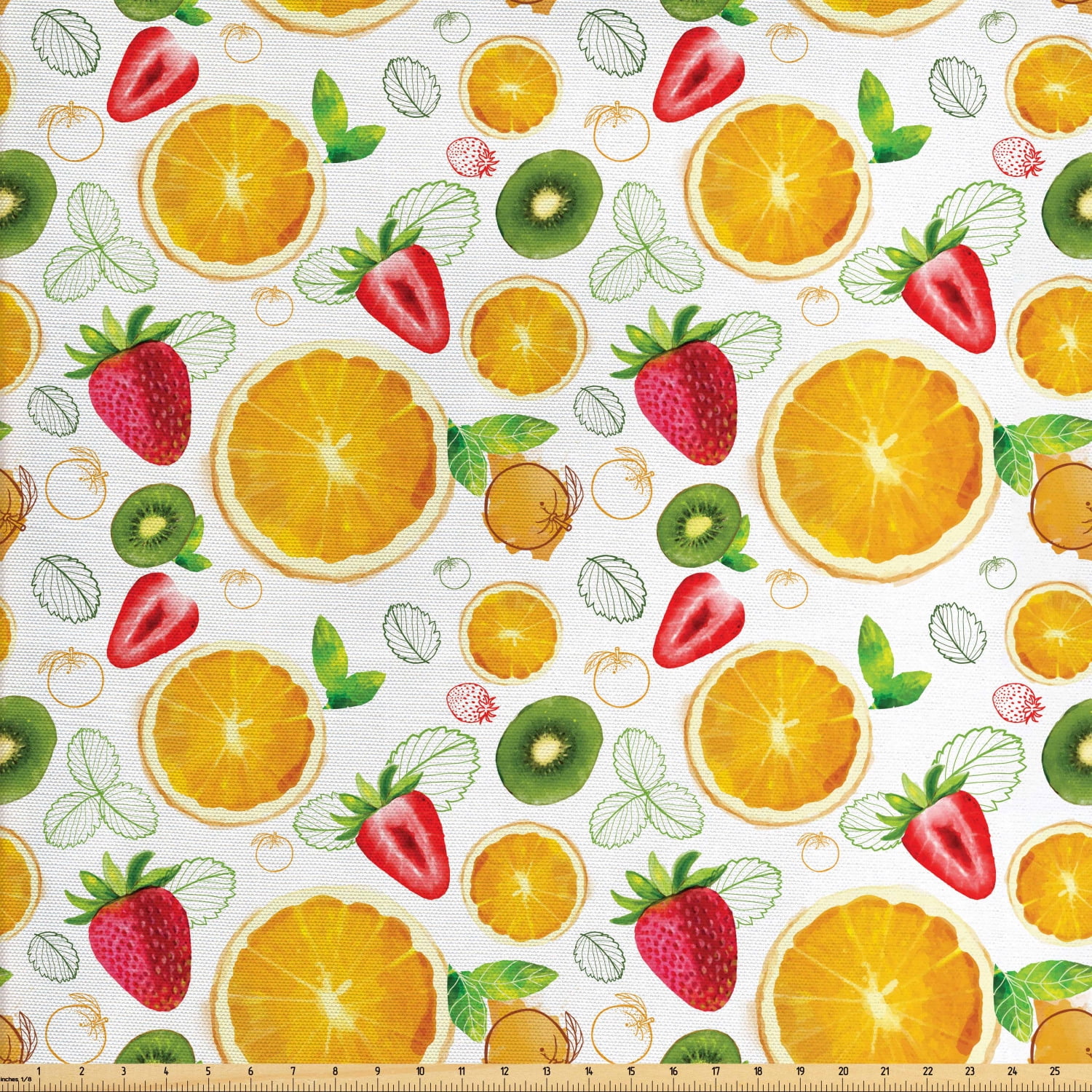 Fruits Fabric by The Yard, Citrus Kiwi Lemon Leaves Apricot Watermelon Fresh Exotic Kitchen