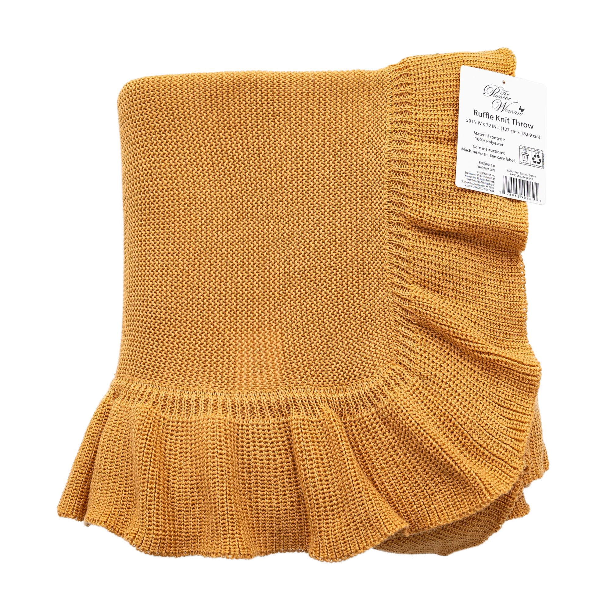 The Pioneer Woman Oversized Ruffle Knit Throw Blanket, Mustard, 50 x 72 in