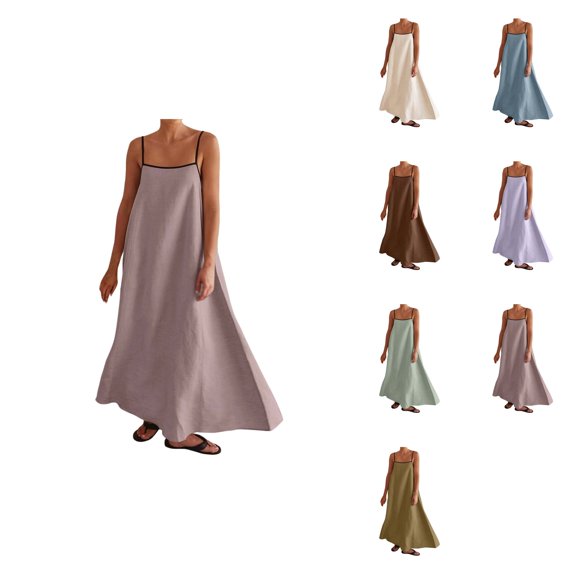 Women's Linen Maxi Dress, Contrast Trim Spaghetti Strap Sleeveless Backless Summer Beach Sundress, Loose Flowy Long Vacation Travel Dress