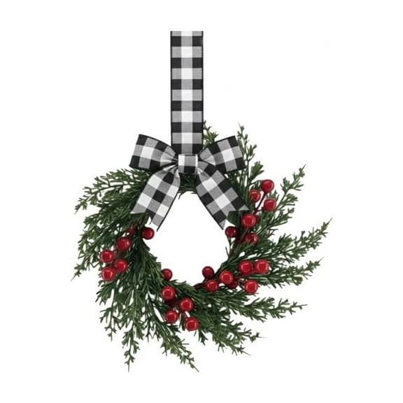 10" Small Christmas Kitchen Cabinet Wreaths with Plaid Bow Ribbon Mini Hanging Christmas Wreath Artificial Greenery Wreath for Front Door Porch Wall Window(Black White Buffalo Plaid)