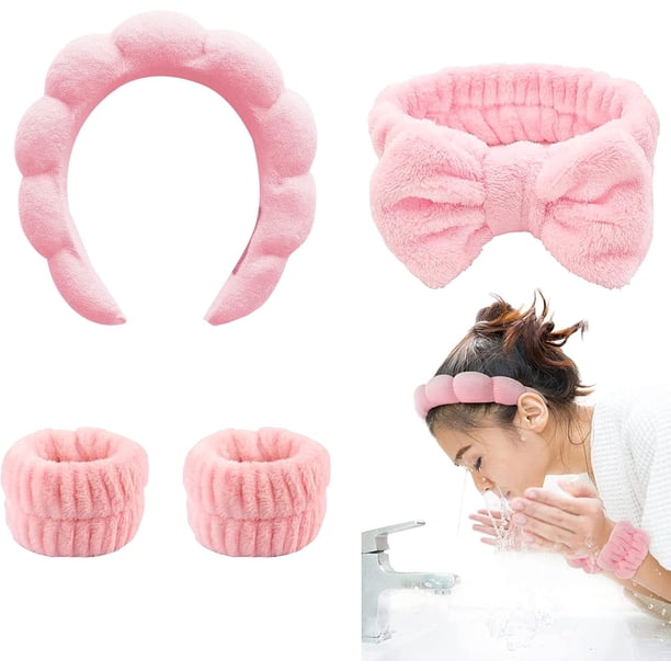 TLUXX - Juego de 4 diademas y muñequeras de spa, accesorios reutilizables para maquillaje y cuid de la piel para lav facial, prevenir el desbordamiento de líquidos, ideal para mujeres y niñas/