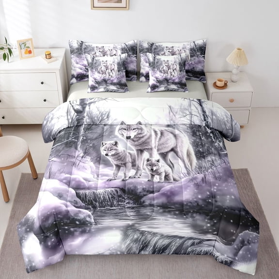 Manfei Vintage Wildlife 7-Piece Twin Bedding,Rustic Wolves Bedding Comforter Set,Gray,Light Gray Reversible