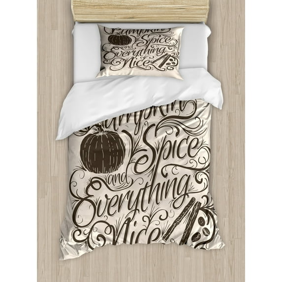Pumpkin Spice Duvet Cover Set Twin Size, Everything Nice Lettering Calligraphy Delicious Thanksgiving, Decorative 2 Piece Bedding Set with 1 Pillow Sham, Champagne and Dark Taupe, by Ambesonne