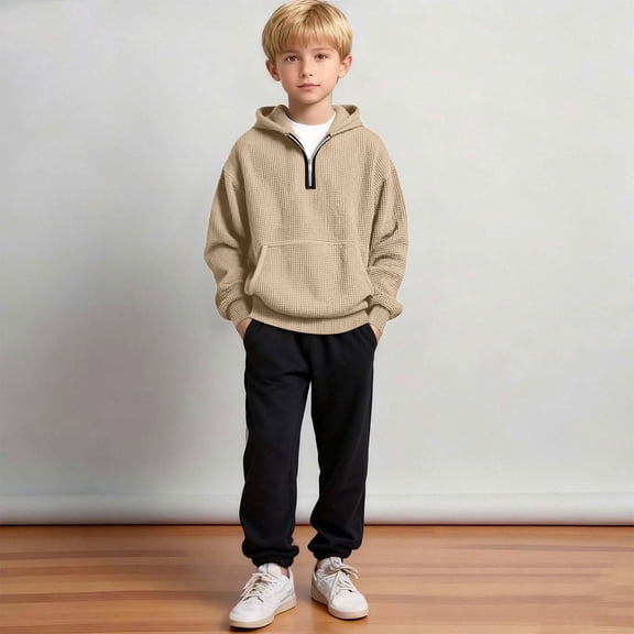 Dwellite Boys Waffle Hoodies for Kids Long Sleeve Quarter Zip Hooded Sweatshirt Pullover Tops Fall Tops With Pocket Khaki 140