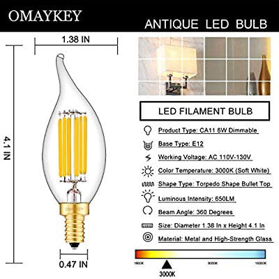 CA11 Candle Flame Tip Frosted Glass Chandelier Bulbs CRLight 6W Dimmable LED Candelabra Bulb 65W Equivalent 650LM 3200K Soft White E12 Base LED Filament Light Bulbs 8 Pack Smooth Dimming Version 