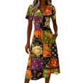 thumbnail image 4 of Halloween Dresses for Women Bat Short Sleeve Pumpkin Funny Wrap Dresses Witch Hat V Neck Cute Wedding Guest Dress S, 4 of 5