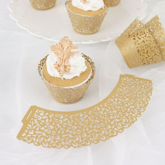 Efavormart 25 Pack | Gold Lace Laser Cut Paper Cupcake Wrappers, Muffin Baking Cup Trays