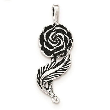 925 Sterling Silver Antiqued Rose On Stem w/Leaf Polished Charm Pendant