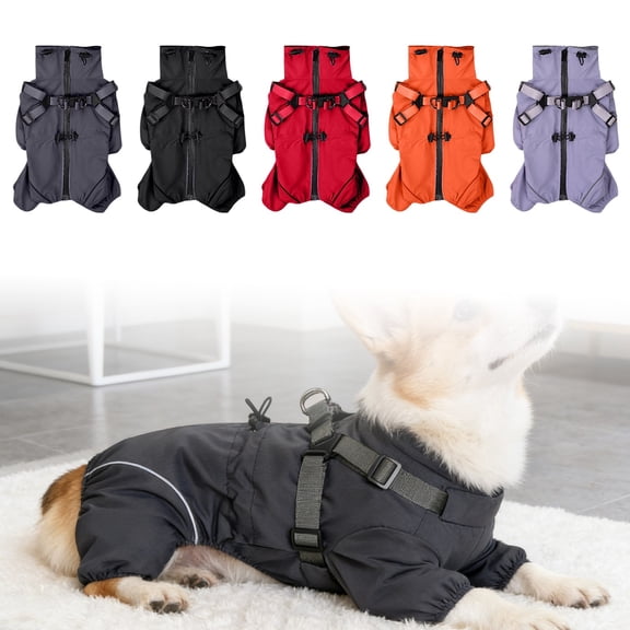 Dog Raincoat with Harness for Small Dogs, Adjustable Waterproof Dog Rain Jacket, Reflective Rainproof Puppy 4 Legs Raincoat, Full Body Pet Rain Jacket, Dark Grey, L