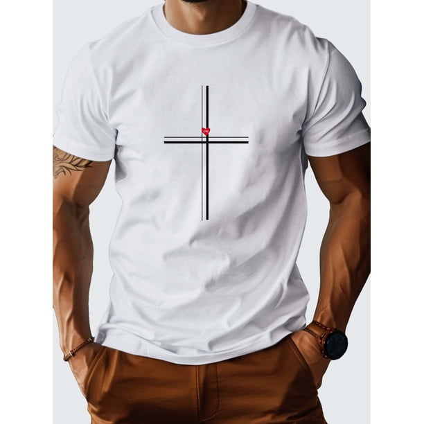 Summer Casual Short Sleeve Cross With Heart Print Tee Shirt For Men