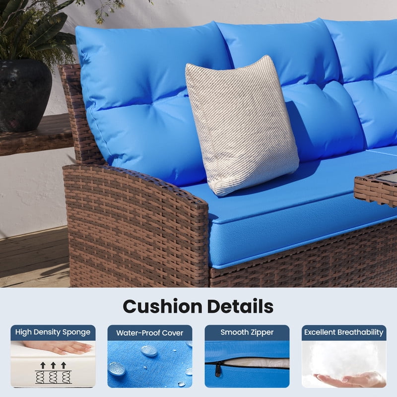 AMOPATIO 7-Piece Patio Furniture Set, Outdoor Sectional Sofa with Dining Table, All Weather Rattan Conversation Set with Ottoman, Navy