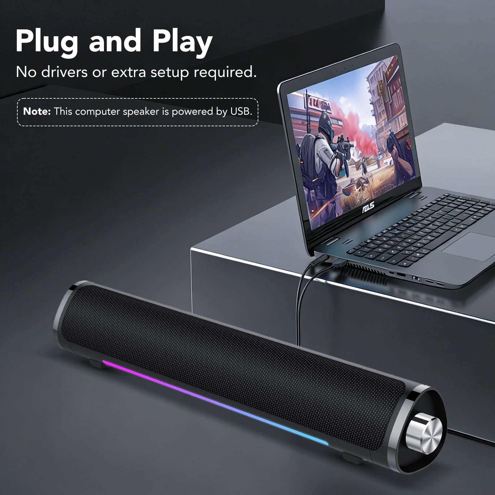Bluetooth Computer Speakers, 3.5mm PC Sound Bar for Desktop Monitor, Deep Bass 3.0 USB Powered for Computer Bluetooth Speaker, Colorful LED Lights with Switch Button, Surround Sound PC Spearkers