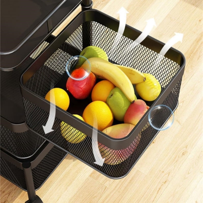 5-Tier Rotating Kitchen Storage Cart, Metal Fruit Basket with Wheels, Rolling Kitchen Storage Rack Storage Organizer Serving Cart for Kitchen Bathroom
