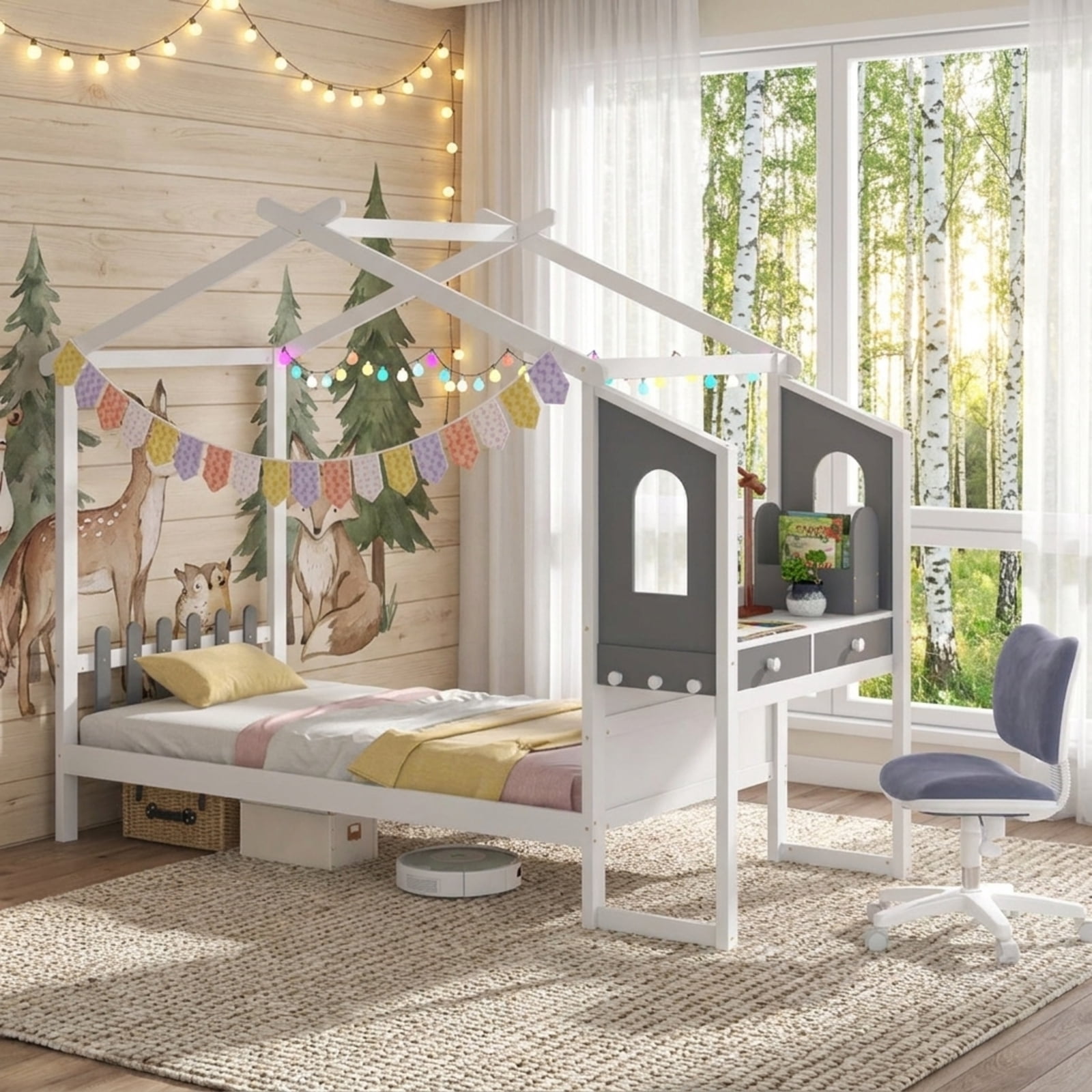 Furnibear Full Size Kids House Bed Frame with Roof Canopy Fence and Storage Desk for Kids Bedroom, White and Gray