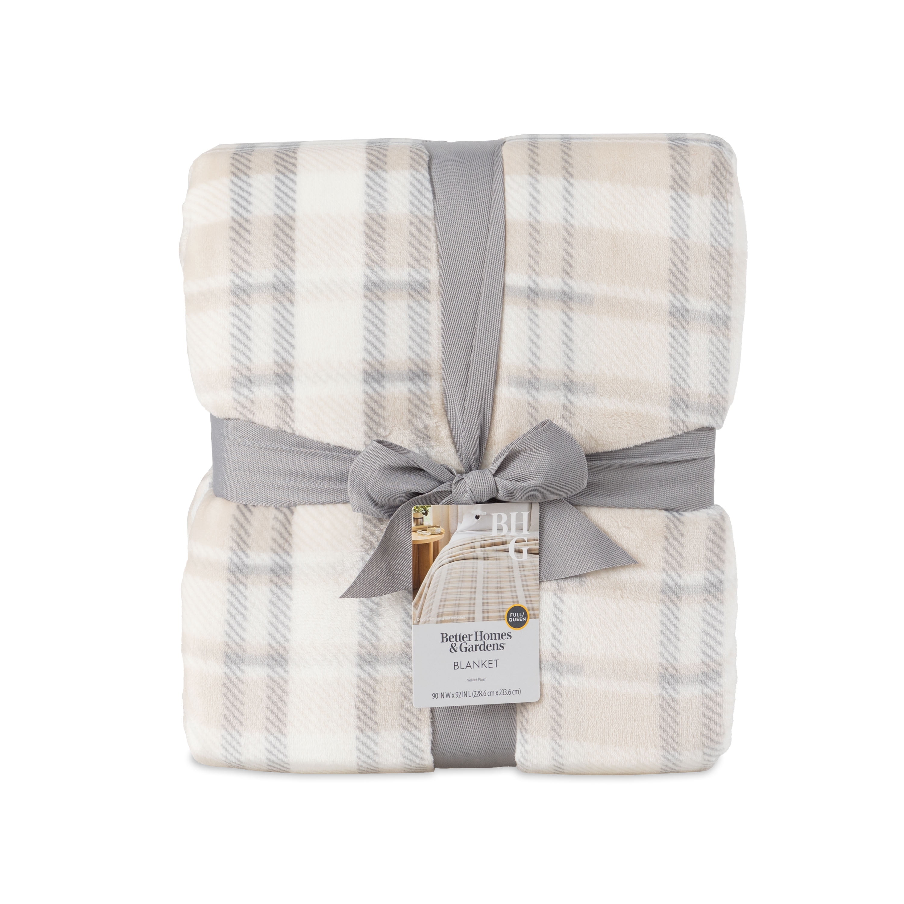 Better Homes & Gardens Velvet Plush Soft Bed Blanket, Full/Queen Size, Grey Plaid