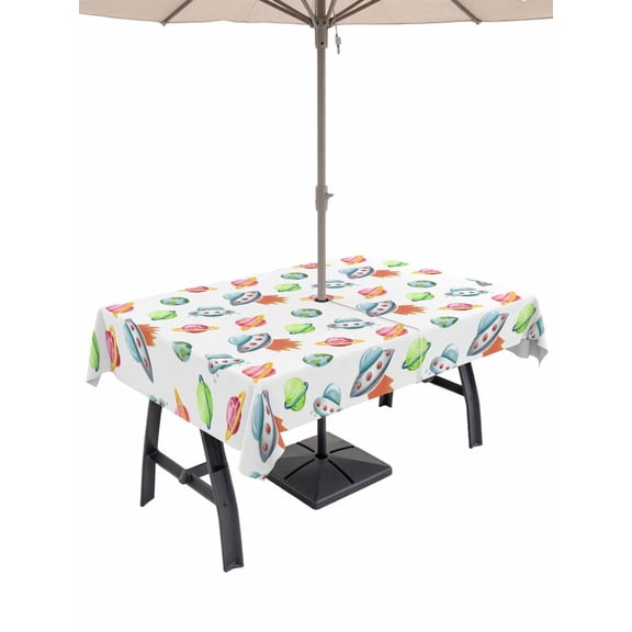Outdoor Tablecloth with Umbrella Hole for Patio/Picnic/Party/Camping, Colorful Spaceship Waterproof Table Cloth Rectangle Table Cover Washable, Watercolor Cartoon Modern Abstract Art (60"x 84")