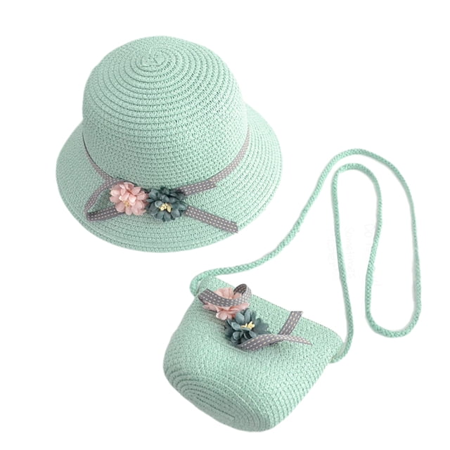 1 juego de kit de playa para niños, adorable bolso bandolera con sombrero de paja para niñas (verde claro)