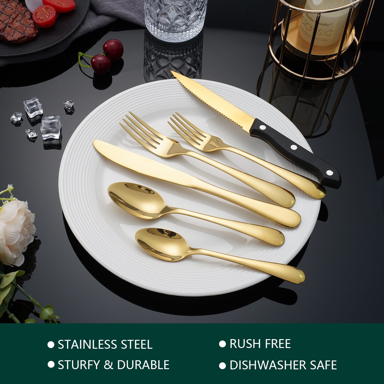 Koomade 24 Pieces Flatware Set For 4, with Steak Knives, Stainless Steel Cutlery Set, Mirror Polished, Tableware Utensils for Home Kitchen Restaurant Hotel, Dishwasher Safe, Gold