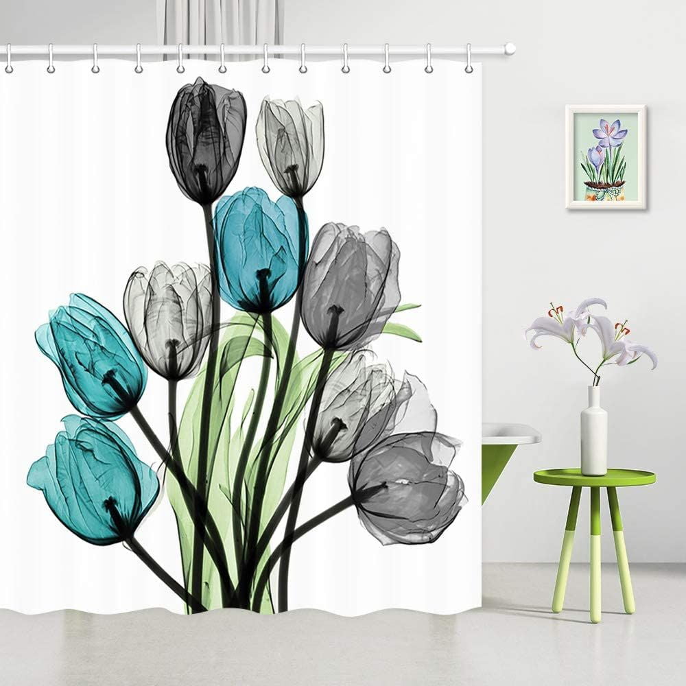 Heavenly Designs Watson Bathroom Accessories - Elegant Tulip 5-Piece Shower Curtain Set – Light Blue, Black & Gray Floral Design