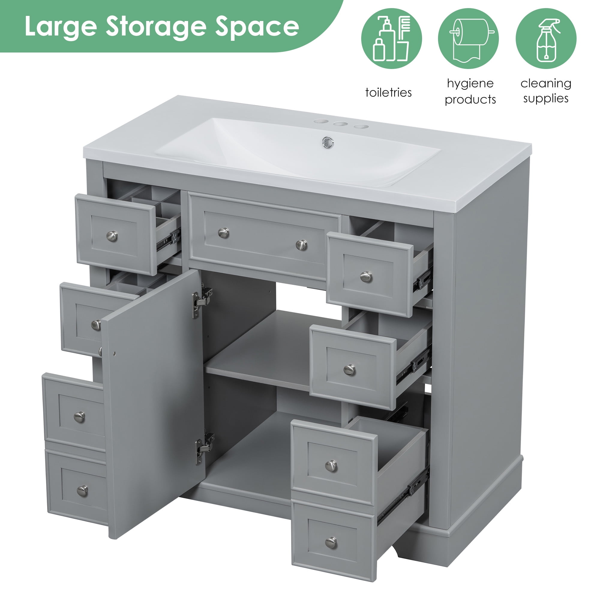 SogesPower 36" Bathroom Vanity with Ceramic Sink, Solid Wood Bathroom Makeup Cabinet with One Cabinet and 6 Drawers, Adjustable Shelf, FreeStanding Single Basin Vanity Set for Bathroom, Grey