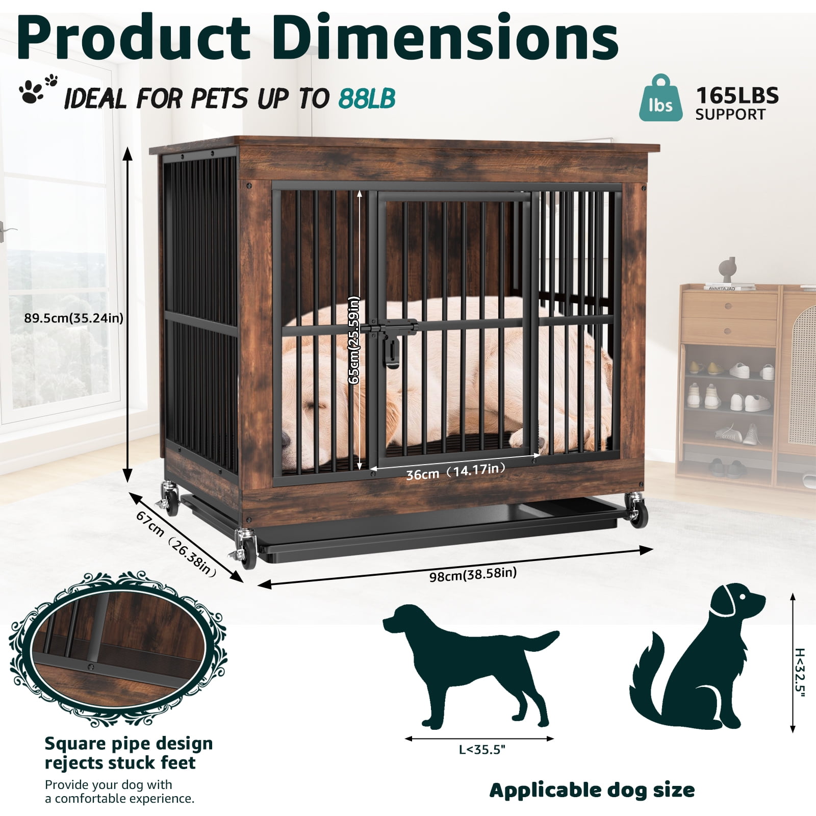 Jacgood 39 inch Dog Crate Furniture, Heavy Duty Dog Kennel End Table with Door & Removable Tray,Chew Proof 0.59" Tube Kennel Furniture with Lock,Rustic Brown