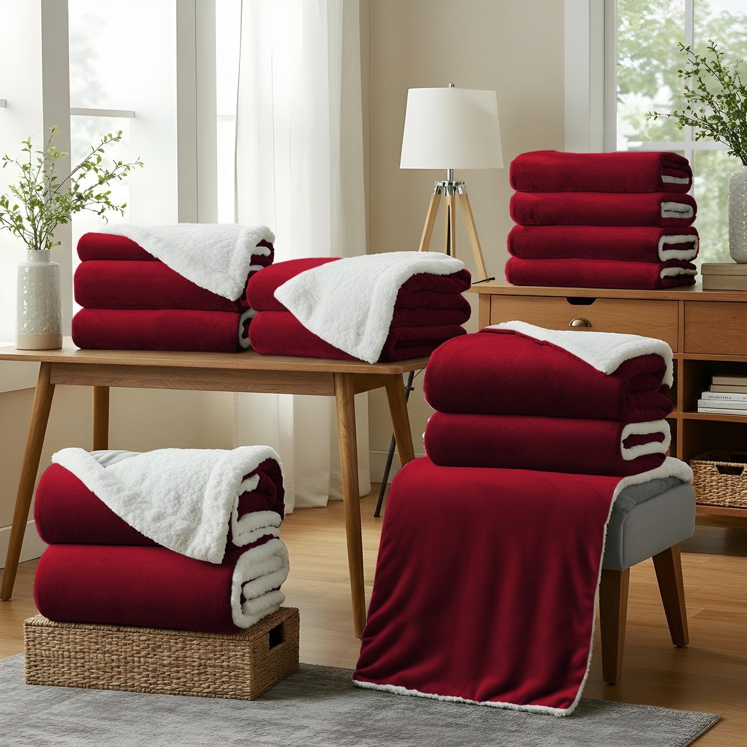 Moonlight20015 Wholesale Sherpa Fleece Throw Blankets 12-Packs Warm & Soft Plush Twin Size for Charity, Shelter, & Home Washable, Lightweight & Cozy Burgundy