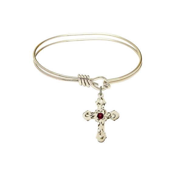 5 3/4 inch Oval Eye Hook Bangle Bracelet w/ Cross medal charm w/ January Red Swarovski Crystal