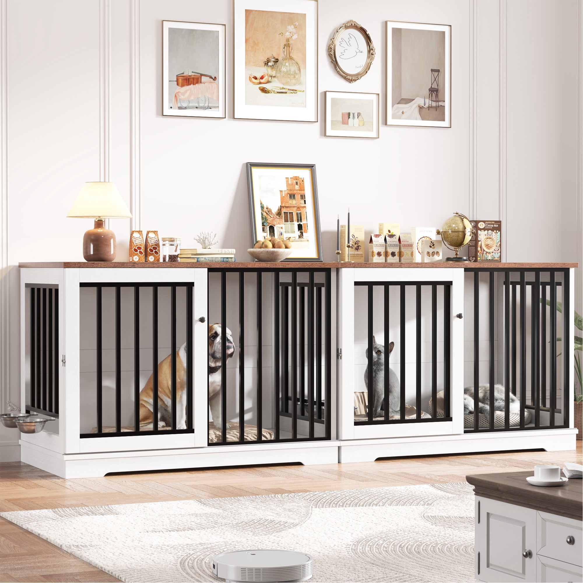 Homfa Dog Crate Furniture, 47.2''W Wooden Indoor Dog Cage Table with Sliding & Lockable Doors, White
