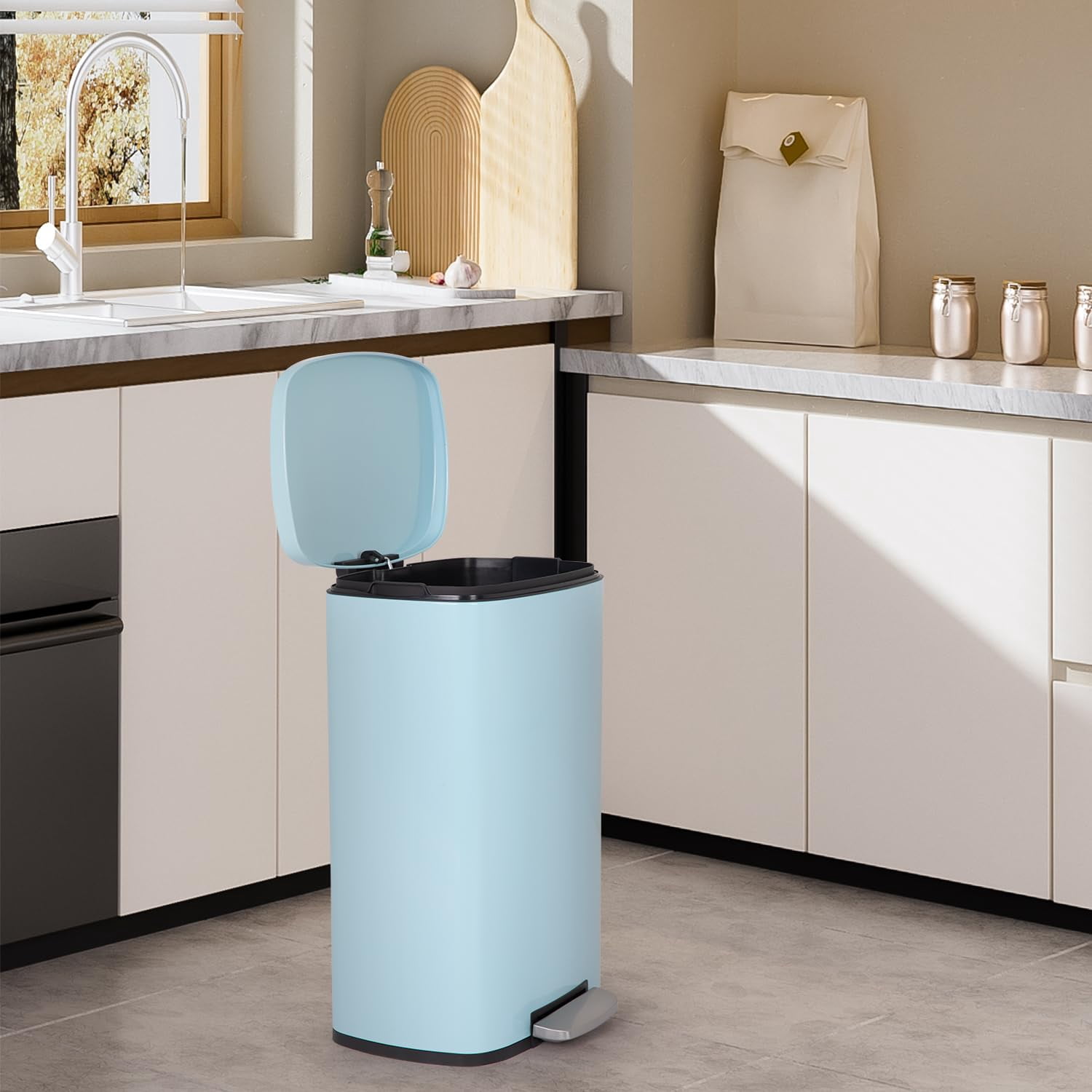 Dkelincs 13 Gallon Kitchen Trash Can with Lid Step Garbage Can Stainless Steel Waste Bin for Home Office, Blue