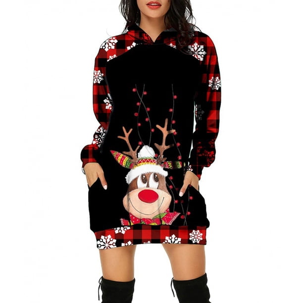 Vestido de noche de punto con estampado de árbol de Navidad para mujer, vestido de fiesta con capucha, moda de otoño, holgado, Sexy, Mini Festival, ropa femenina