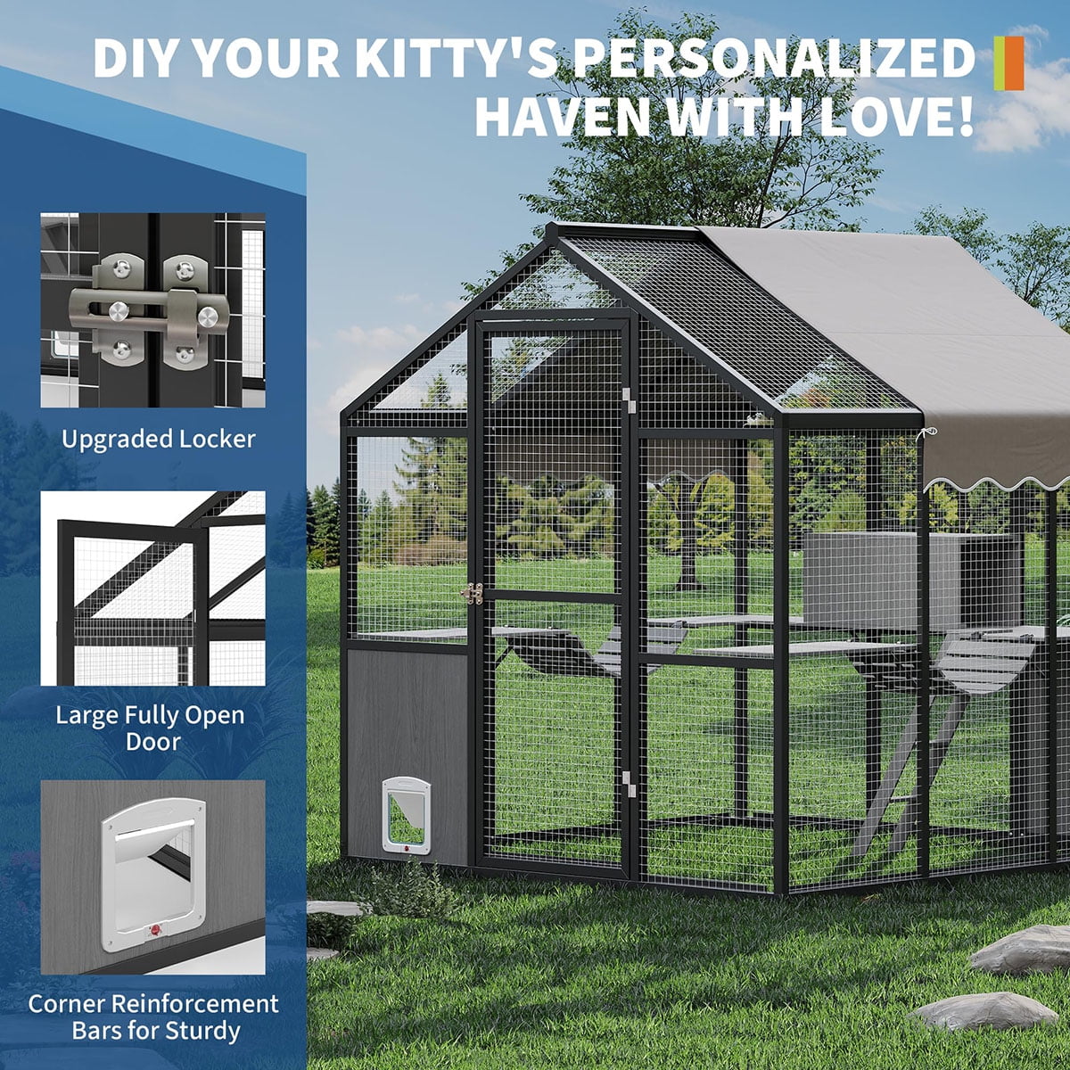 Aluminum Walk-In Large Outdoor Cat Enclosure,Large Outdoor Catio for Multiple Cats, Outside Cattery with Weatherproof Roof with Channels,Side Door,UV Proof Cover,Huge Condo,Platform(ship in 2 boxes)