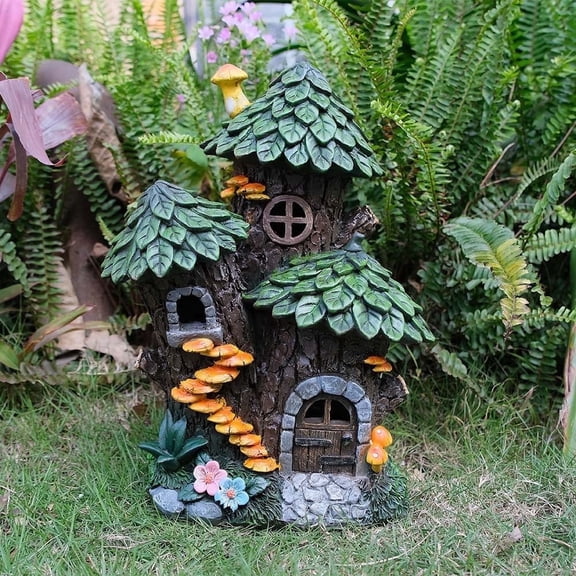 Zayton Mushroom Tree House Garden Statue, Handmade Resin LED Waterproof for Patio Lawn Yard