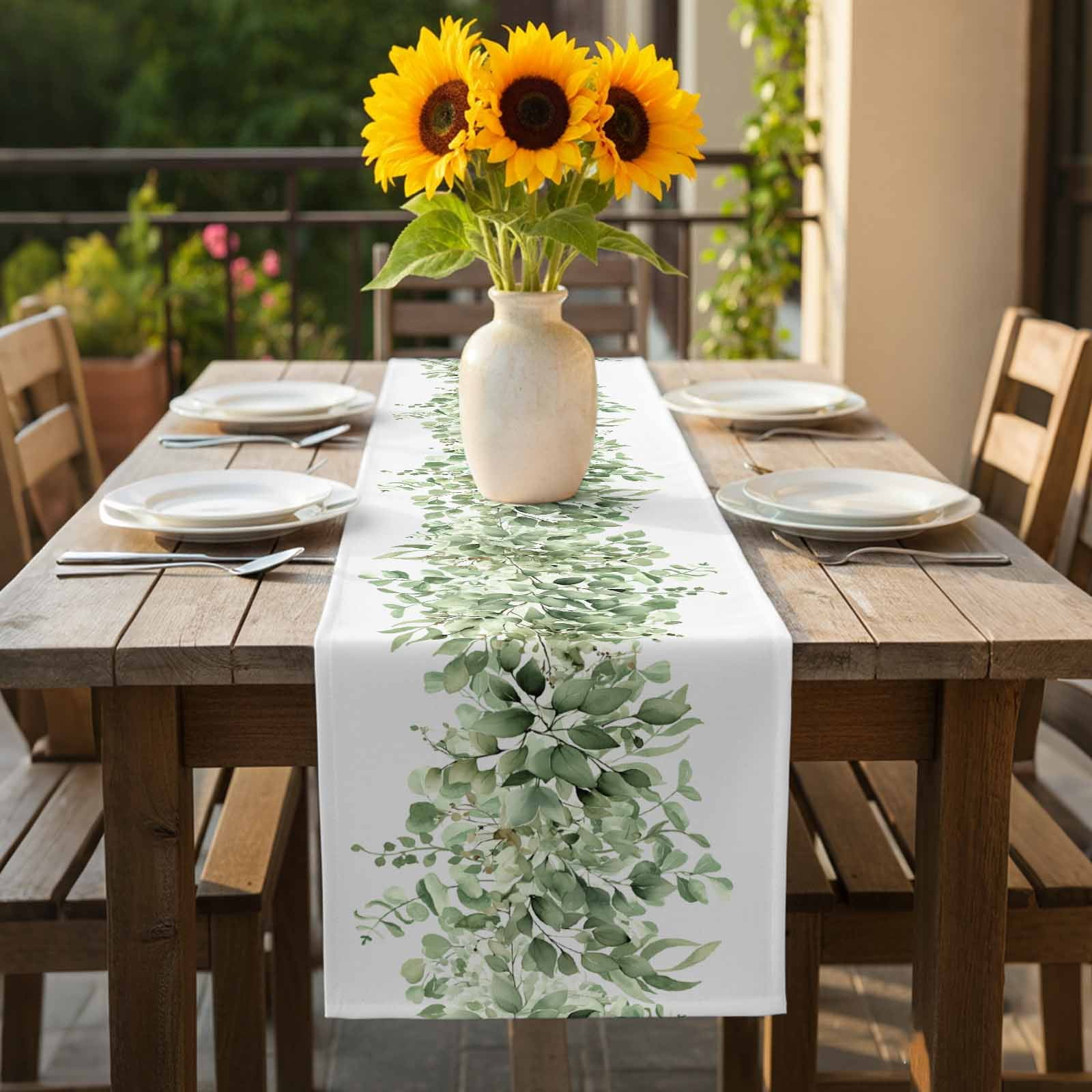 Spring Botanical Cotton Linen Table Runner Green Eucalyptus Leaves Dining Table Runners for Home Decor Party Dining Room Restaurant Kitchen 13" x 90"