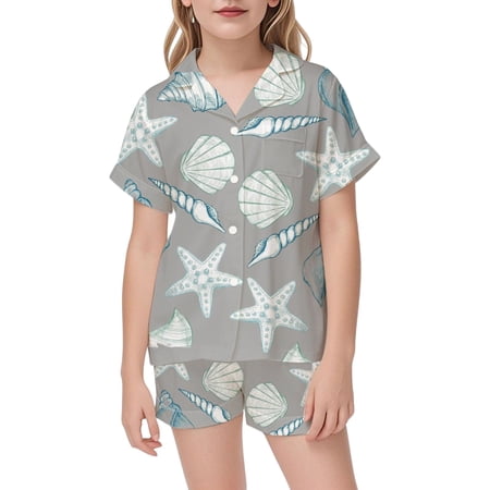 Hpapadks Girl Pajamas Casual Satin Pajama Set Ocean Print Short Sleeve Top Shorts Toddler Pjs Grey 4-5 Years