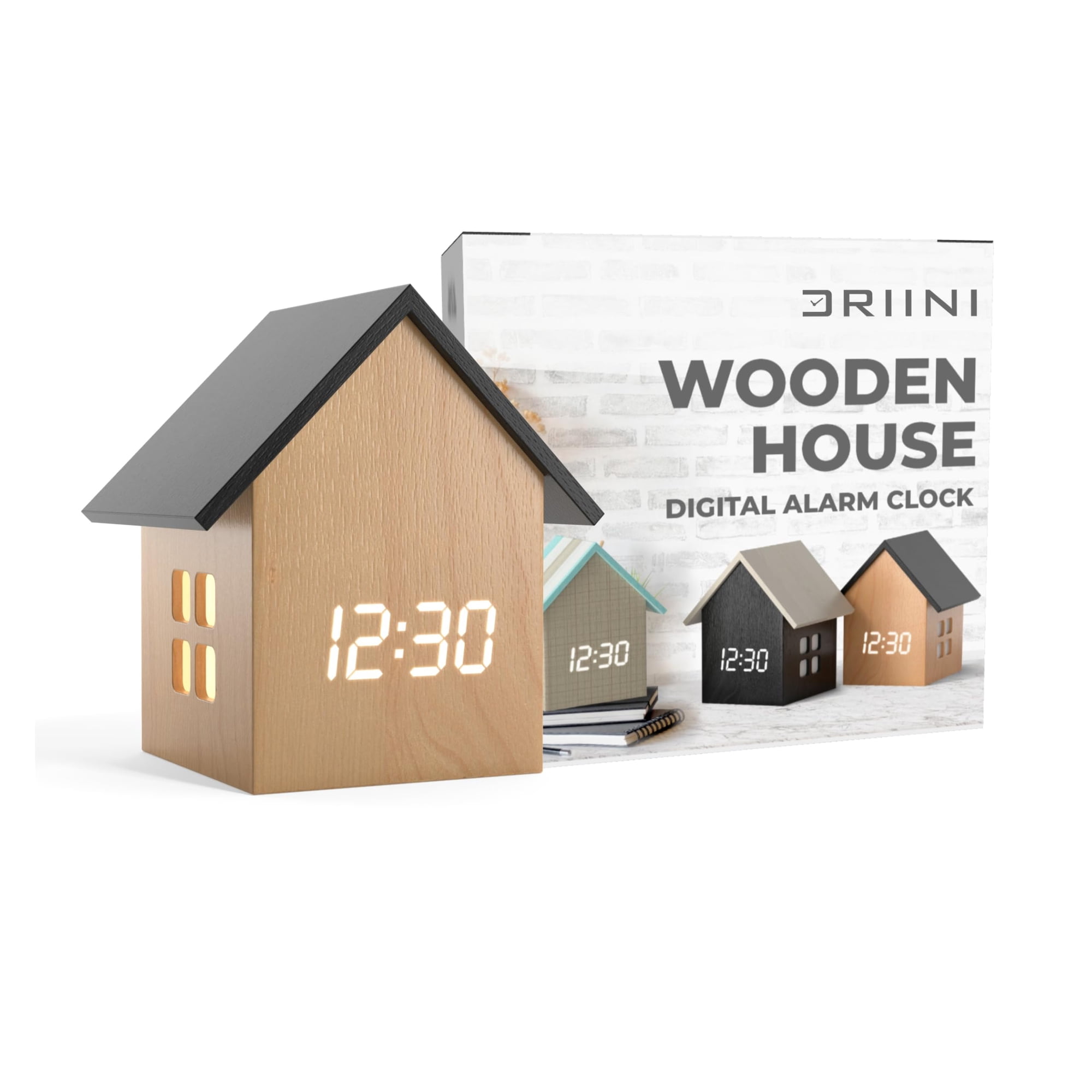 Driini Small Light Wood House Shaped Digital Alarm Clock with Temperature