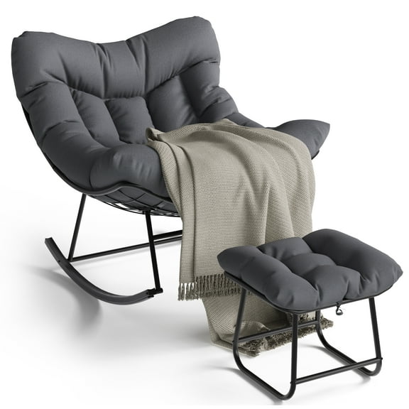 Oversized Papasan Egg Rocking Chair with Ottoman and Soft Cushion – 350lb Capacity, Sturdy Metal Frame, Rattan Outdoor Lounge Chair for Patio, Balcony, Porch, Bedroom – Gray