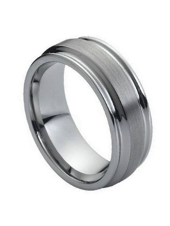 Custom Personalized Engraving Wedding Band Ring Set for Him & Her - 8mm Flat Brushed Center High Polish Ridged Edge