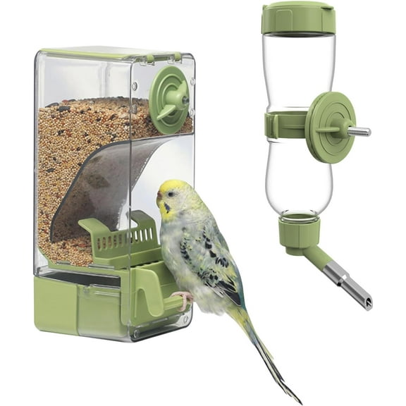 Bird Feeder Water Dispenser Set, Automatic Cage Feeder with Perch for Parakeet Canary Cockatiel Finch Budgie (Green)