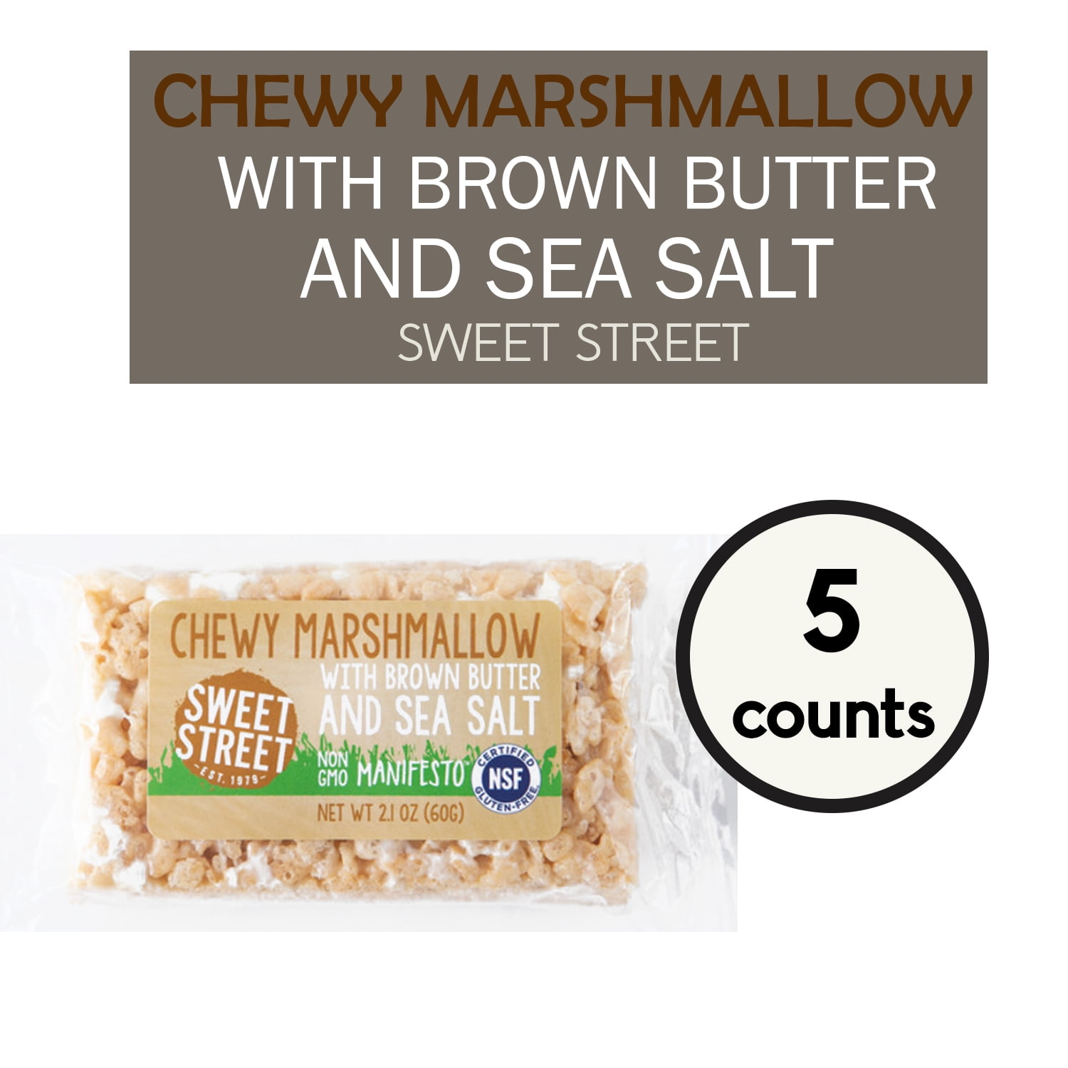 Sweet Street Chewy Marshmallow with Brown Butter & Sea Salt Manifesto Bars, Individually Wrapped, 5 Count, 2.1 oz