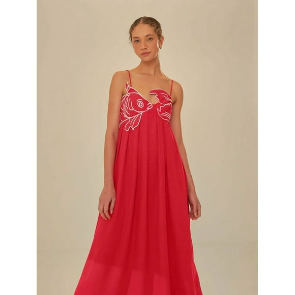 RWJDXD Fashion Red Carp Print Women Sling Maxi Dress Elegant Backless Sleeveless High Waist Dresses 2024 Summer Lady Vacation Chic Robe good